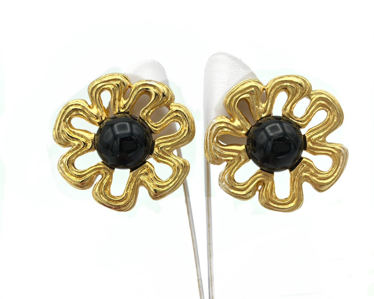 Vintage Classic Givenchy Large Gold Flower Statement Clip-On Earrings - 24 Wishes Vintage Jewelry