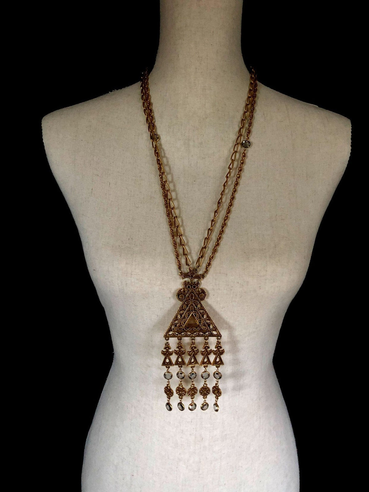 Vintage Etruscan Gold Waterfall Fringe Dangle Pendant Unsigned Goldette - 24 Wishes Vintage Jewelry