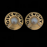 Vintage Givenchy Large Gold Cutout Logo Pearl & Rhinestone Clip-On Earrings - 24 Wishes Vintage Jewelry