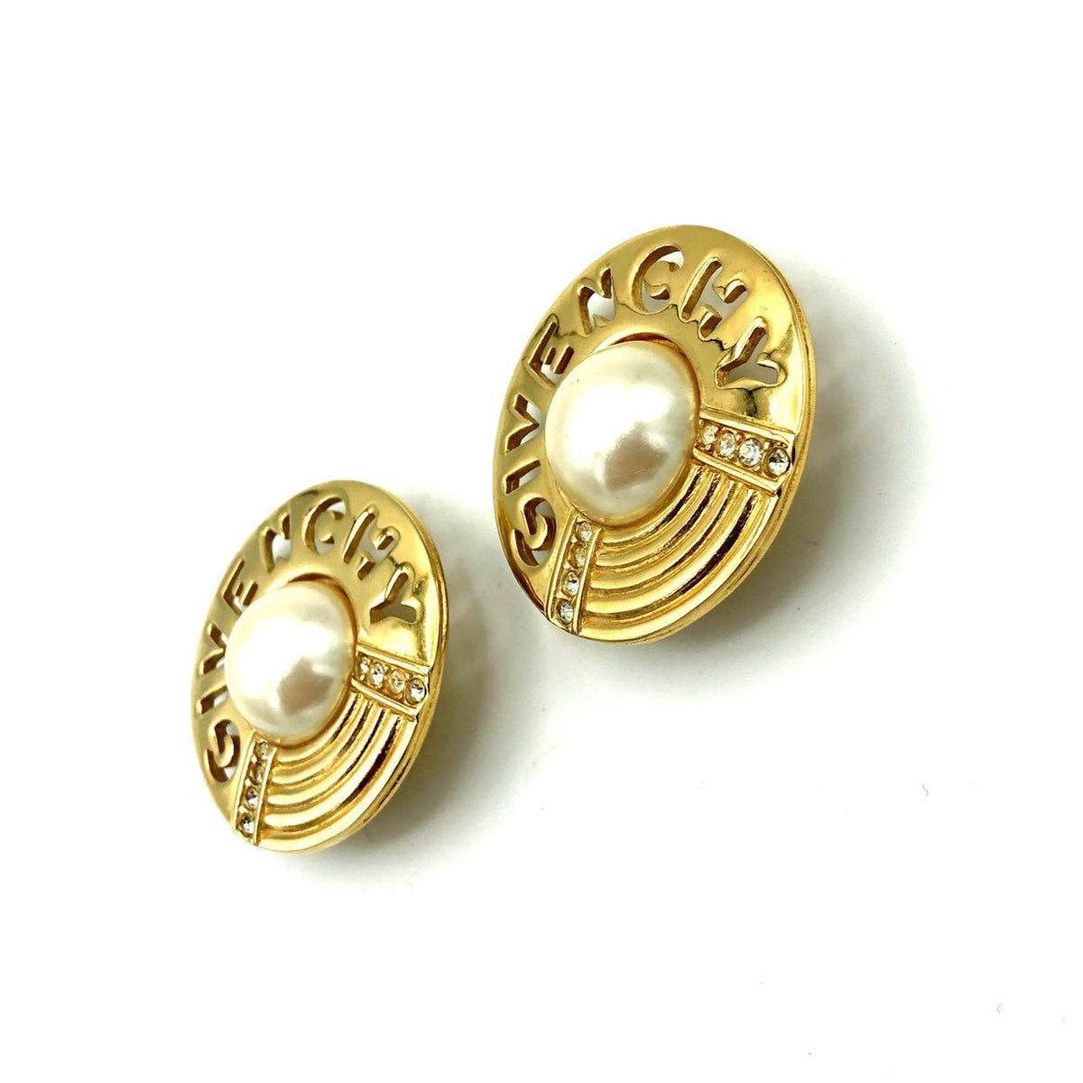 Vintage Givenchy Large Gold Cutout Logo Pearl & Rhinestone Clip-On Earrings - 24 Wishes Vintage Jewelry