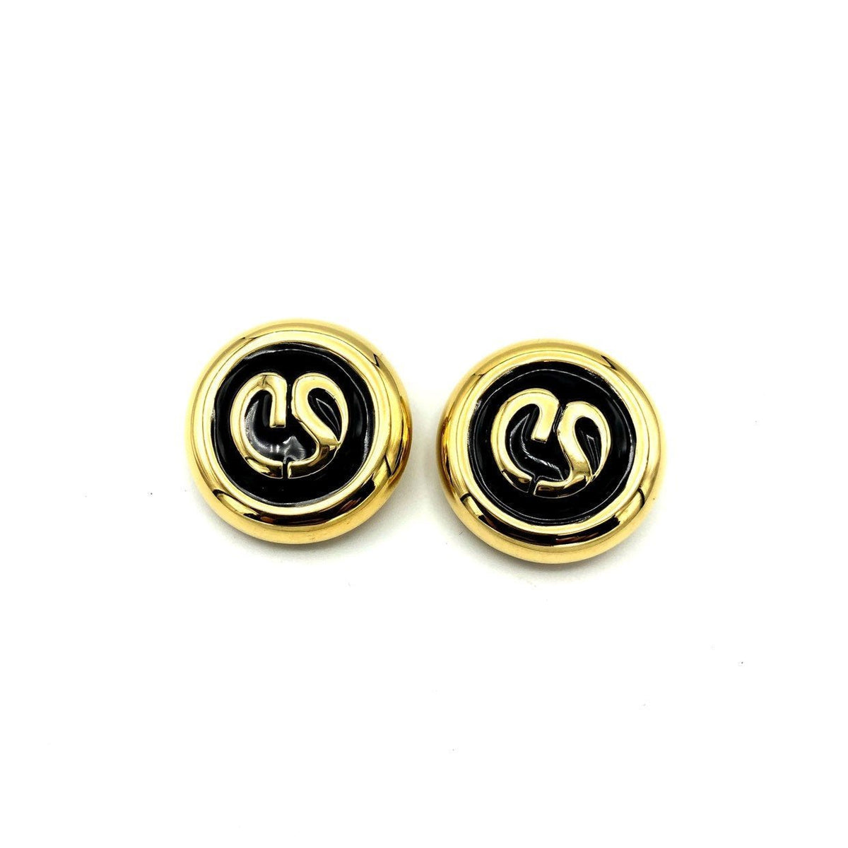 Vintage Gold & Black Enamel St. John Round Logo Vintage Clip-On Earrings - 24 Wishes Vintage Jewelry
