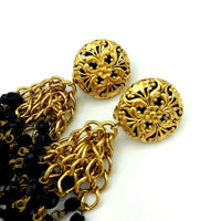 Vintage Gold Franck Herval Black Tassel Clip-On Earrings - 24 Wishes Vintage Jewelry