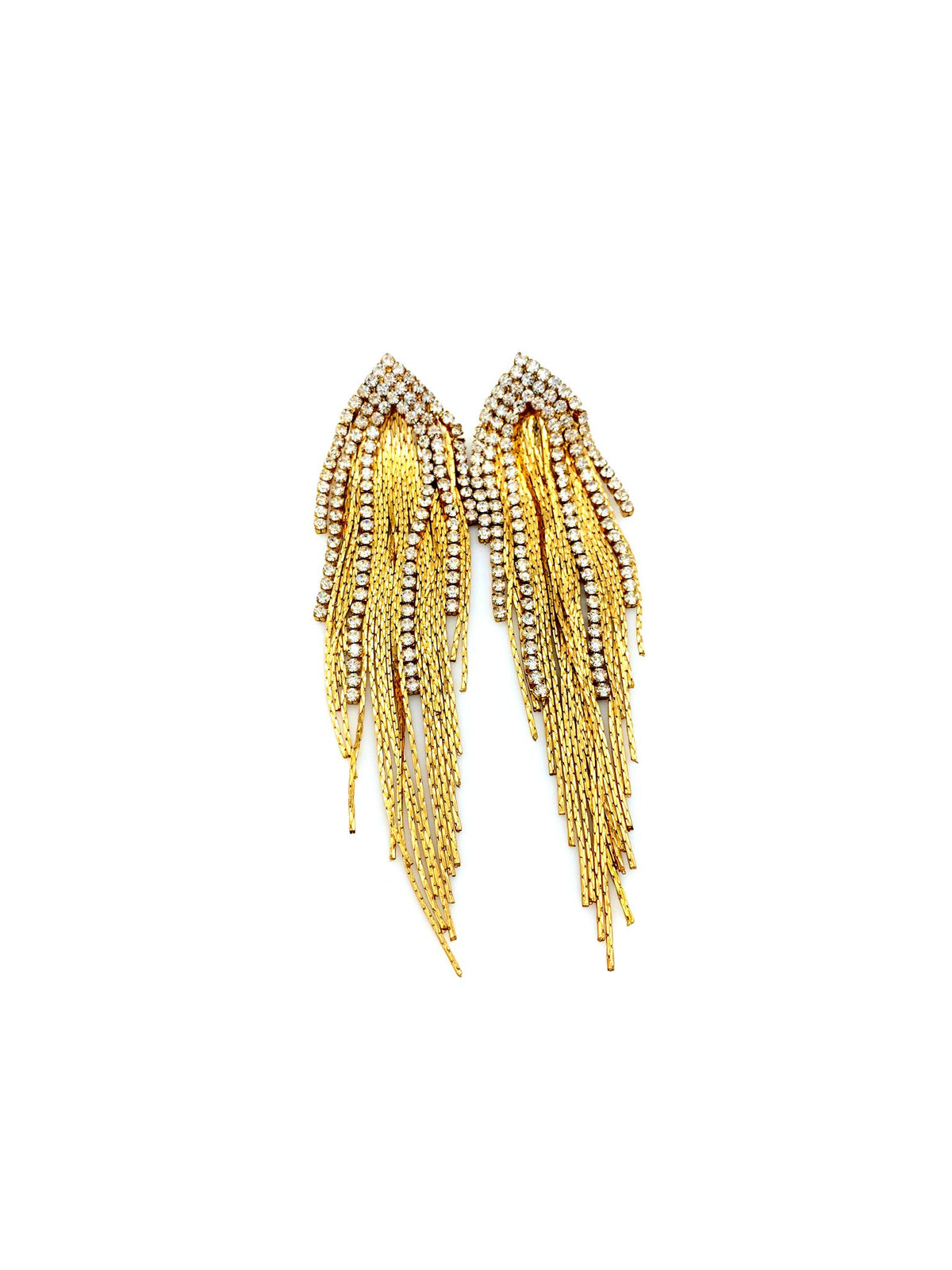 Vintage Gold Long Chain & Rhinestone Fringe Pierced Earrings - 24 Wishes Vintage Jewelry