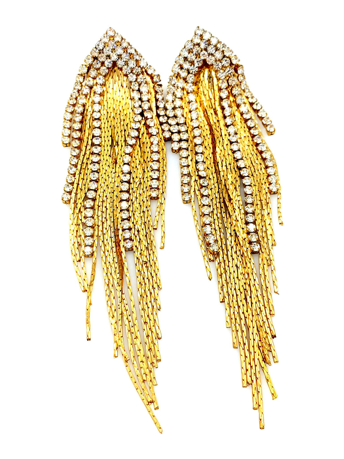 Vintage Gold Long Chain & Rhinestone Fringe Pierced Earrings - 24 Wishes Vintage Jewelry