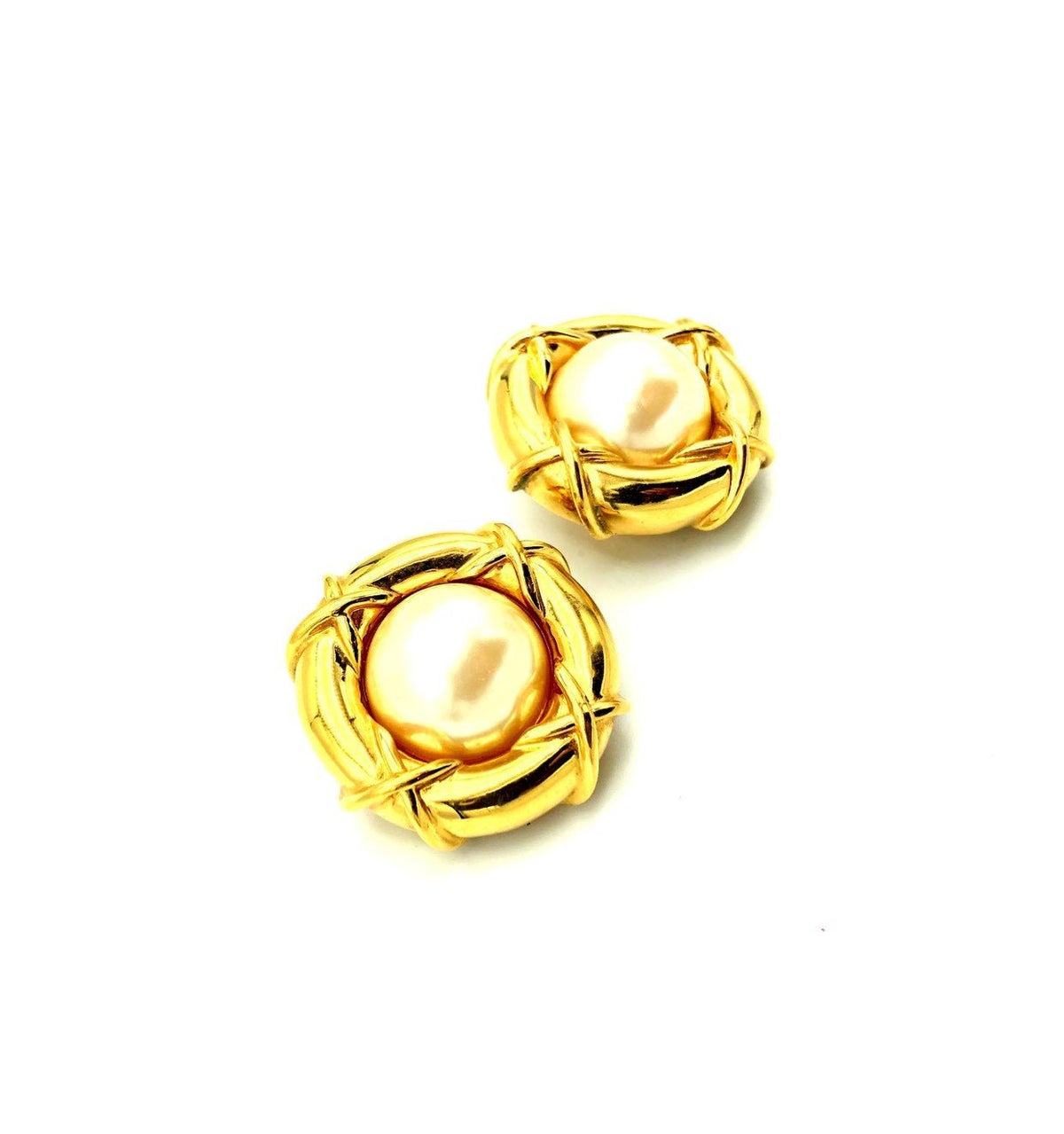 Vintage Gold Nested Pearl St. John Round Vintage Clip-On Earrings - 24 Wishes Vintage Jewelry