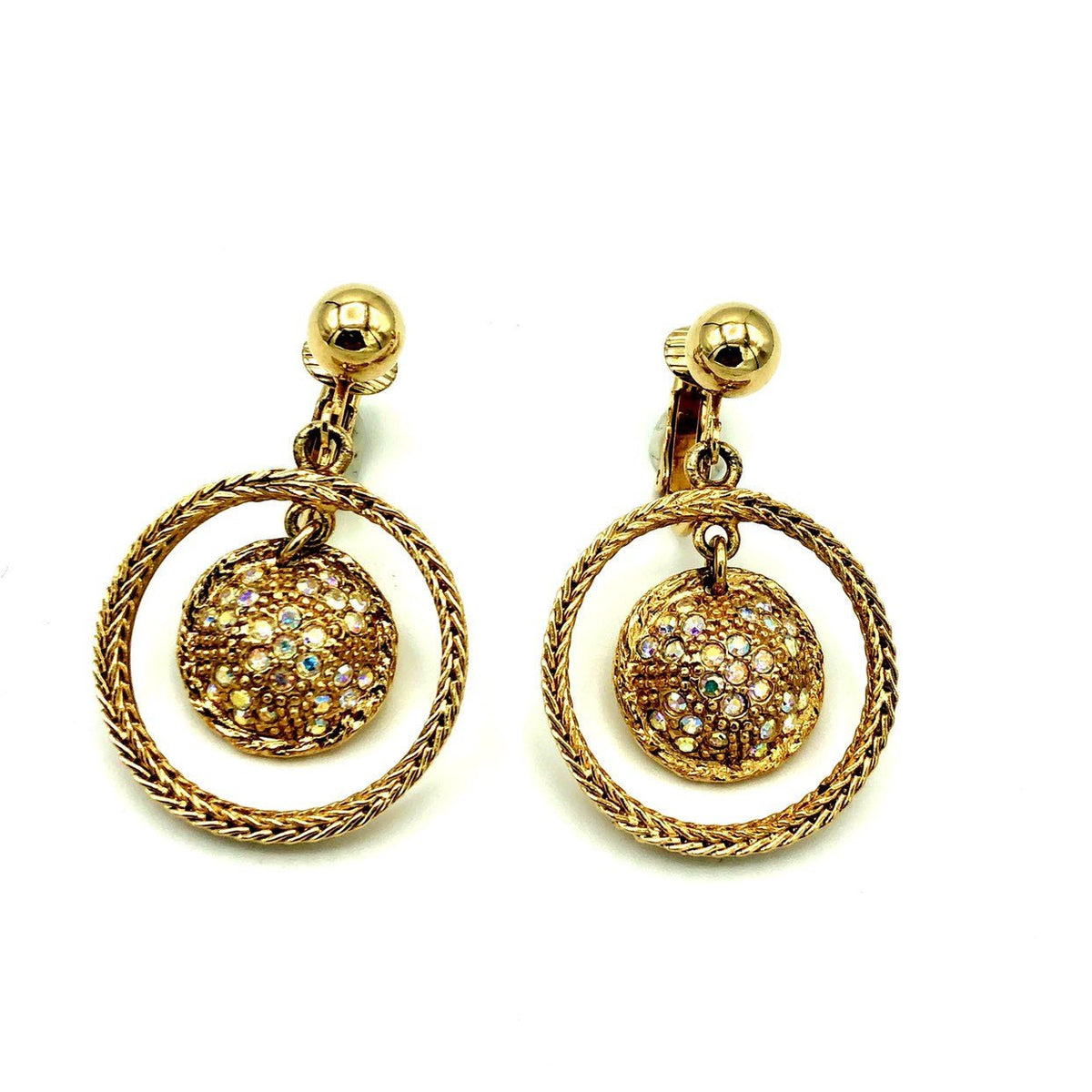 Vintage Gold Rhinestone Circle Dangle Clip-On Earrings - 24 Wishes Vintage Jewelry
