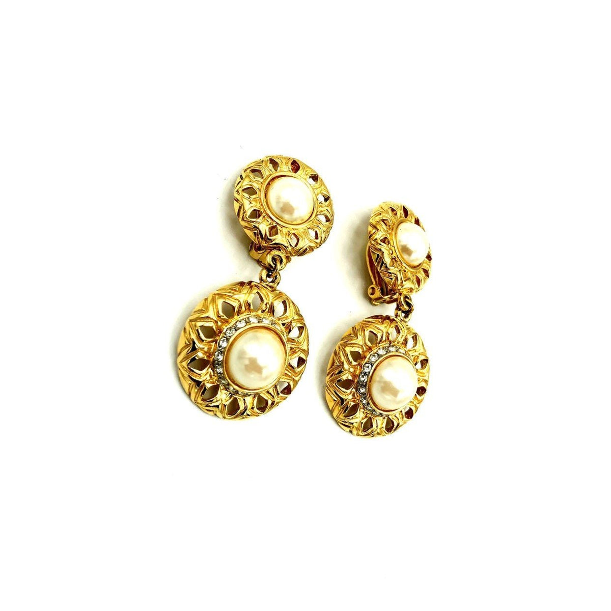 Vintage Gold St. John Dangle Pearl Clip-On Earrings - 24 Wishes Vintage Jewelry
