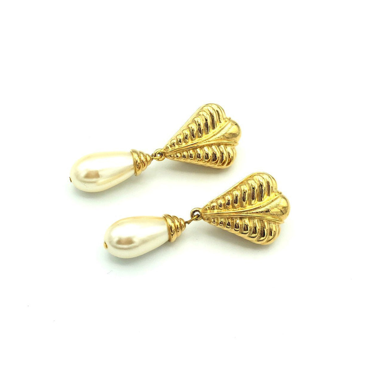 Vintage Gold St. John Tear Dangle Pearl Clip-On Earrings - 24 Wishes Vintage Jewelry
