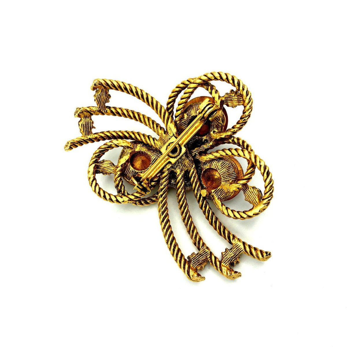 Vintage Gold Textured Bow Pink Rivoli Rhinestone Brooch - 24 Wishes Vintage Jewelry