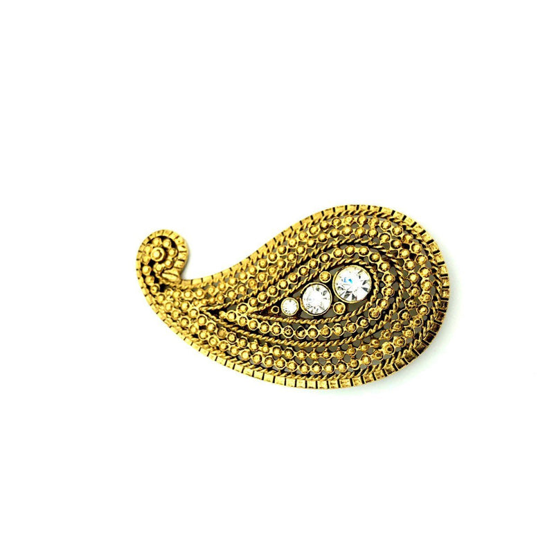 Vintage Gold Textured Rhinestone Paisley Brooch - 24 Wishes Vintage Jewelry