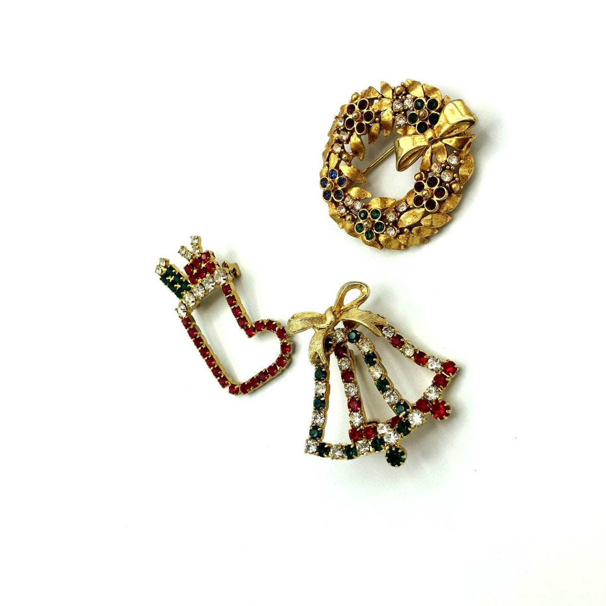 Vintage Holiday Brooch Trio Rhinestone Stocking Wreath Bells Christmas Scatter Pins - 24 Wishes Vintage Jewelry