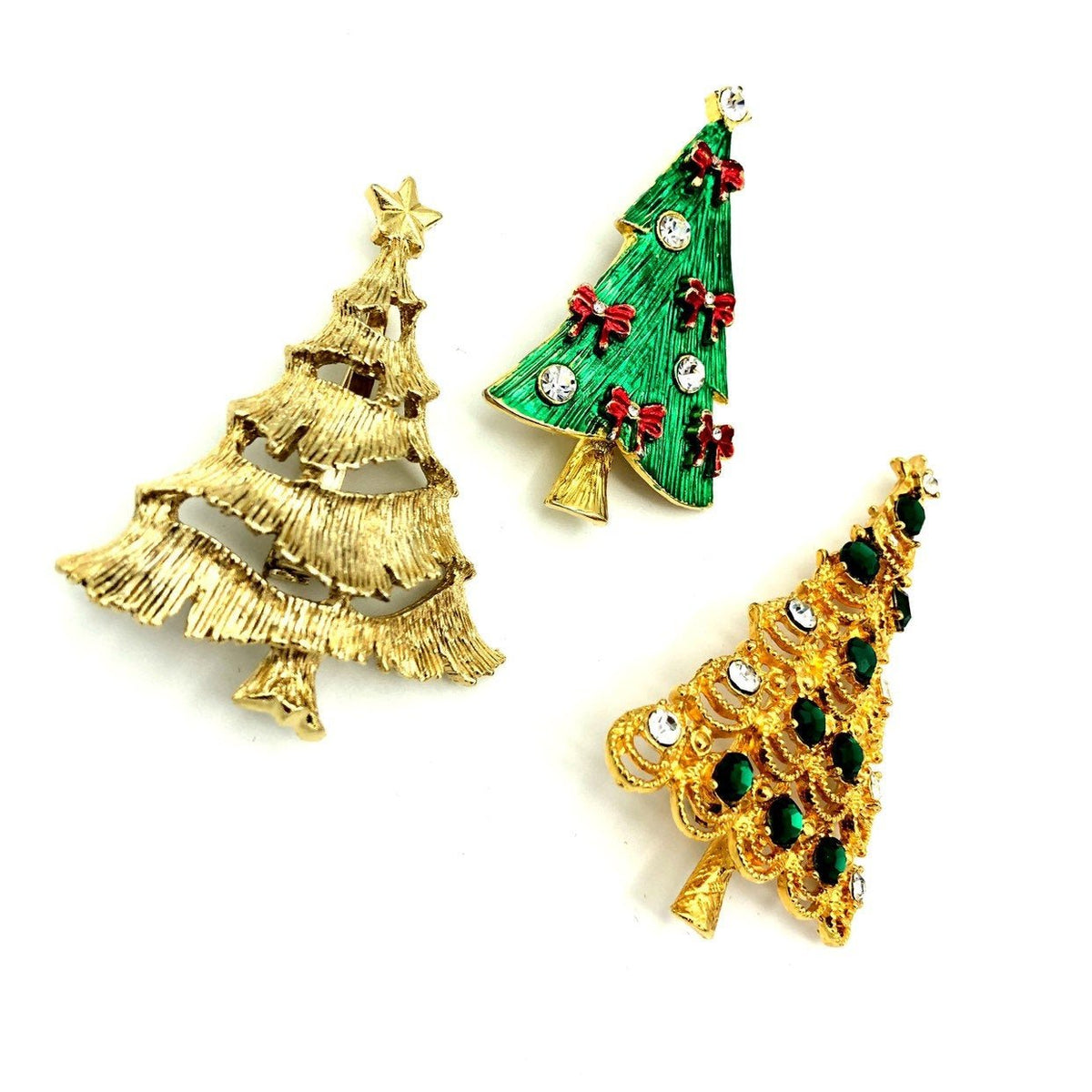 Vintage Holiday Enamel Brooch Christmas Tree Trio Set - 24 Wishes Vintage Jewelry