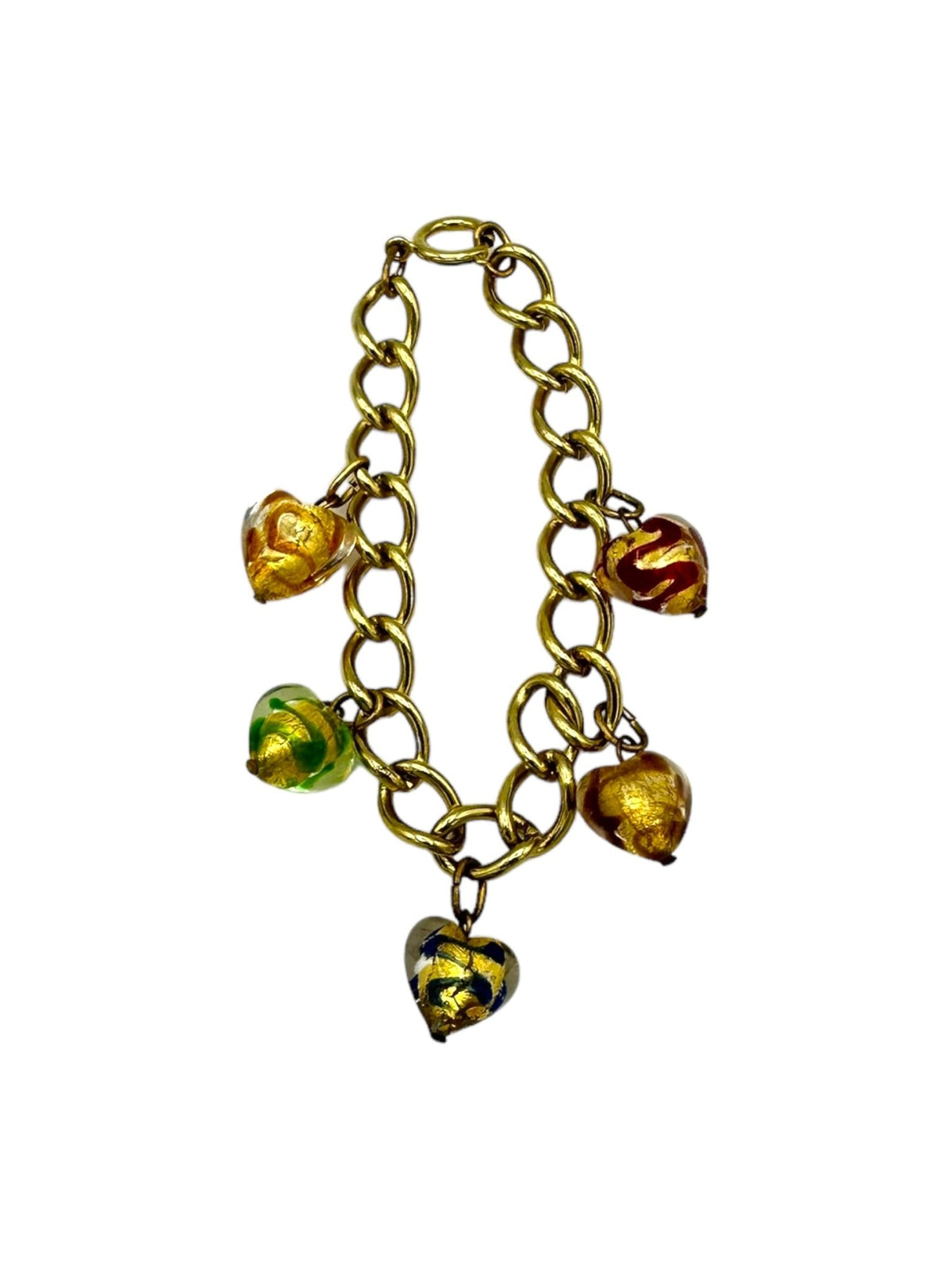 Vintage Italian Charm Bracelet Murano Glass Hearts Chunky Link Chain - 24 Wishes Vintage Jewelry