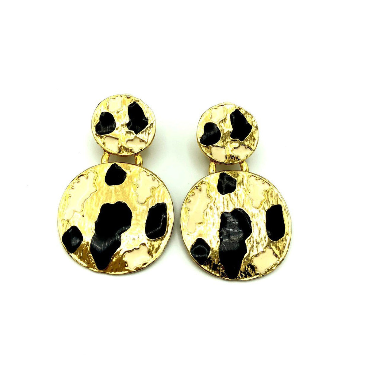 Vintage KOKO Black Enamel Animal Print Gold Clip-On Earrings - 24 Wishes Vintage Jewelry
