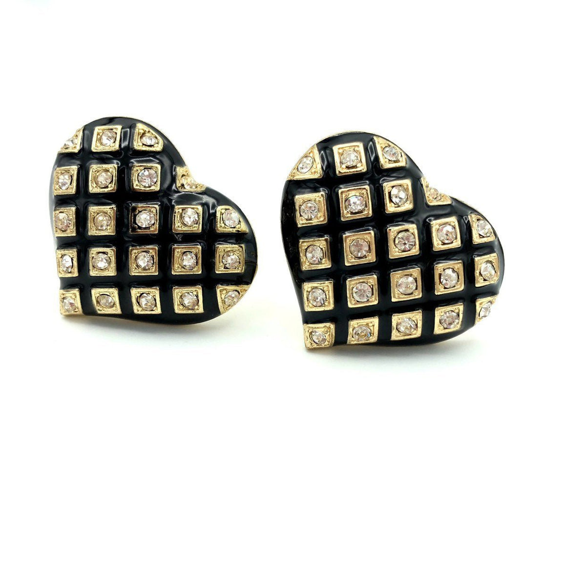Vintage Large Black Enamel Heart Clip-On Earrings - 24 Wishes Vintage Jewelry