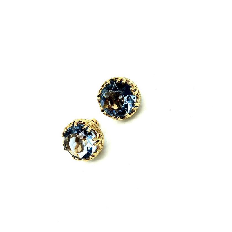 Vintage Light Blue Round Rhinestone Clip-On Earrings - 24 Wishes Vintage Jewelry
