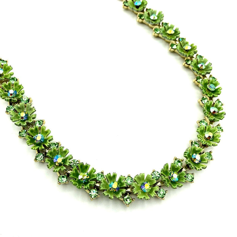 Vintage Lisner Green Enamel & Rhinestone Flower Necklace - 24 Wishes Vintage Jewelry