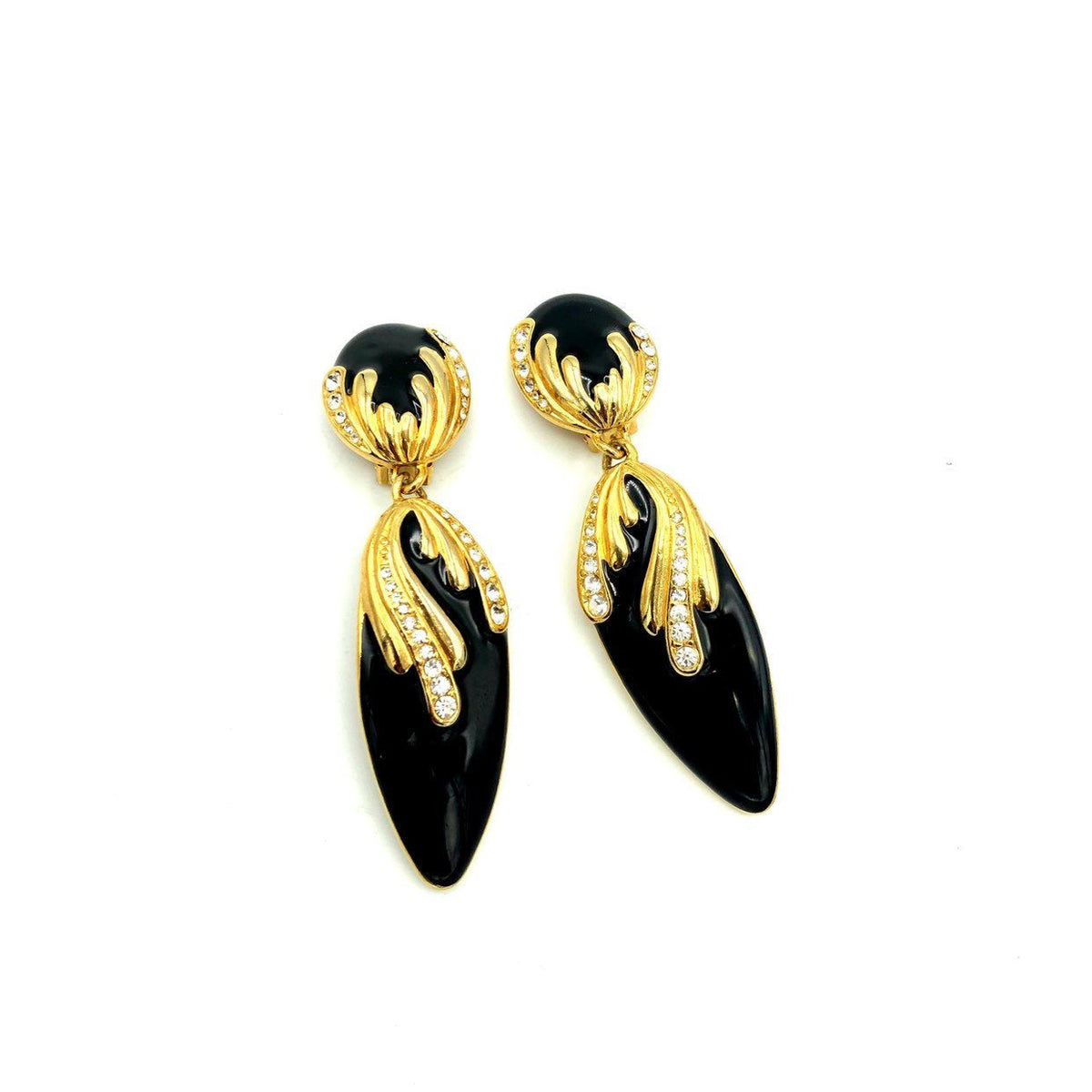 Vintage Long Dangle Black Enamel Rhinestone Clip-On Earrings - 24 Wishes Vintage Jewelry