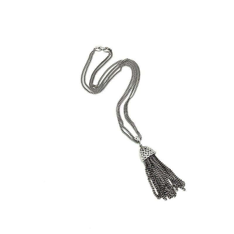Vintage Monet Double Silver Curb Chain With Tassel Pendant - 24 Wishes Vintage Jewelry