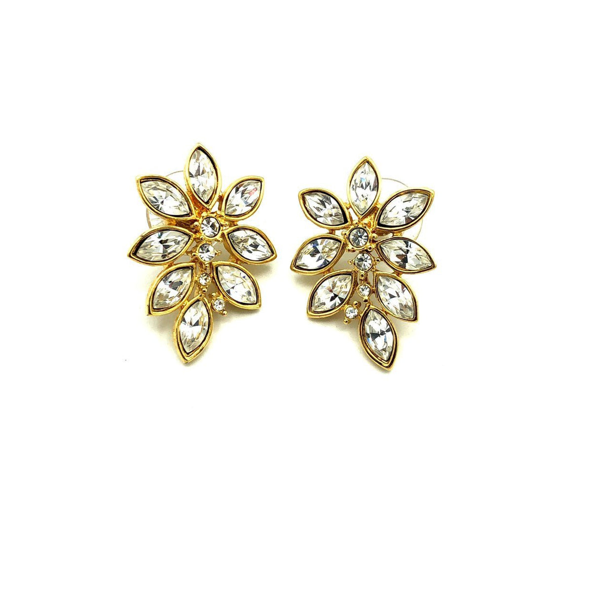 Vintage Monet Marquise Clear Rhinestone Floral Pierced Earrings - 24 Wishes Vintage Jewelry