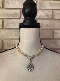 Vintage Off White Pearl Rhinestone Teardrop Classic Pendant - 24 Wishes Vintage Jewelry