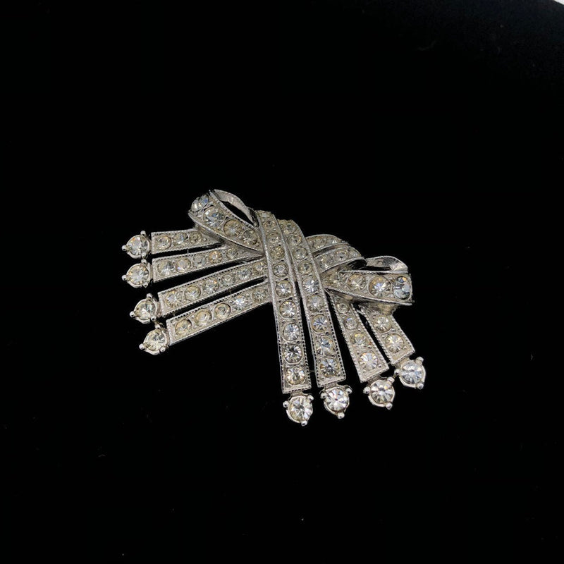 Vintage Ora Silver Rhinestone Diamante Bow Brooch - 24 Wishes Vintage Jewelry