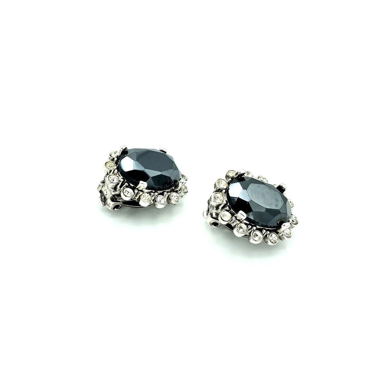 Vintage Oscar De La Renta Black Hematite Rhinestone Clip-On Earrings - 24 Wishes Vintage Jewelry