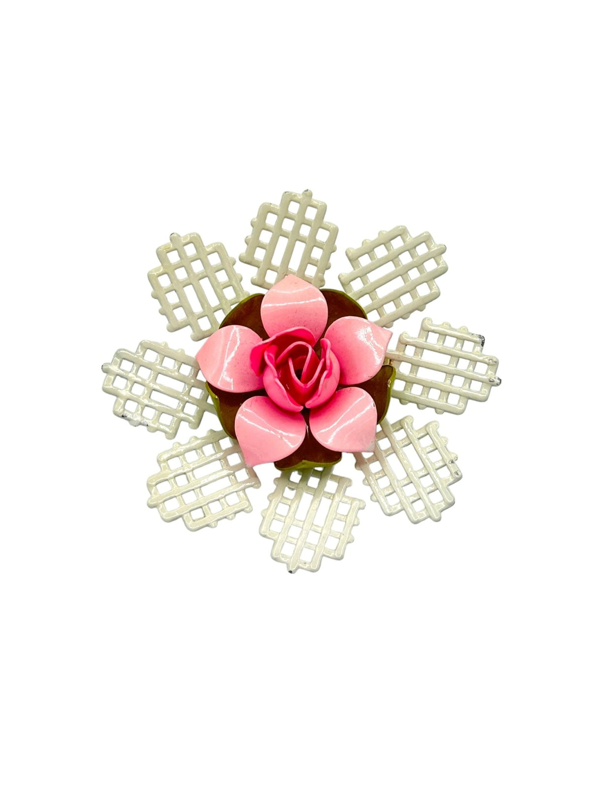 Vintage Pink Enamel Flower White Lattice Brooch - 24 Wishes Vintage Jewelry