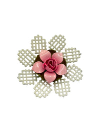 Vintage Pink Enamel Flower White Lattice Brooch - 24 Wishes Vintage Jewelry