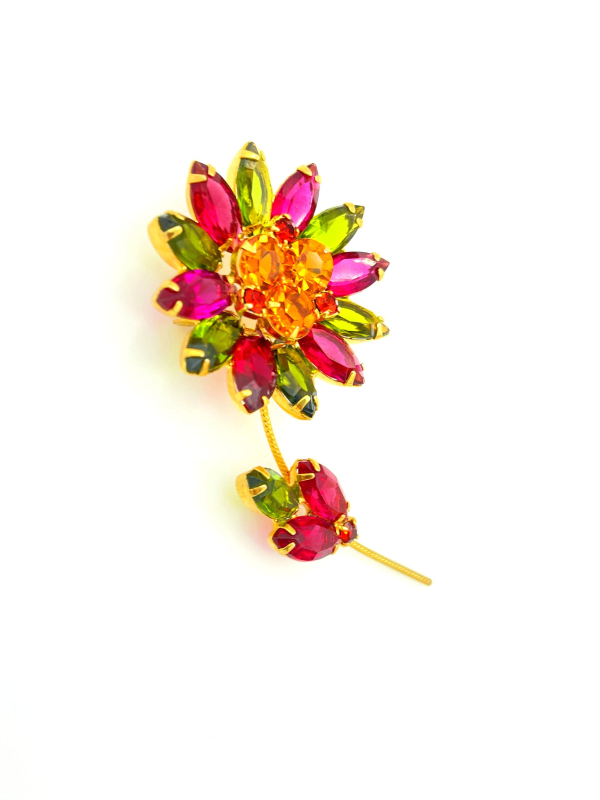 Vintage Pink & Green Marquise Rhinestone Flower Brooch - 24 Wishes Vintage Jewelry