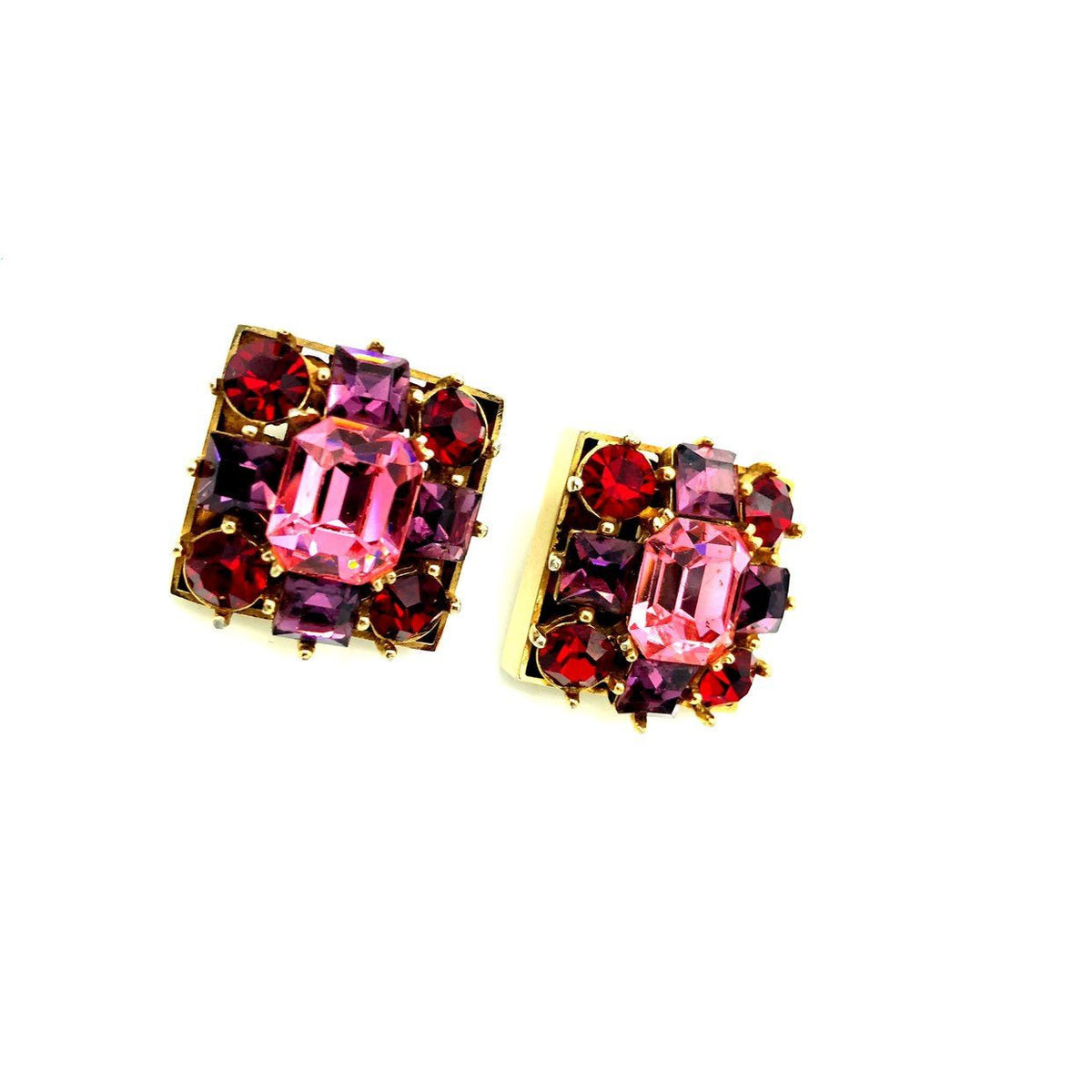 Vintage Pink & Red Rhinestone Square Clip-On Earrings - 24 Wishes Vintage Jewelry
