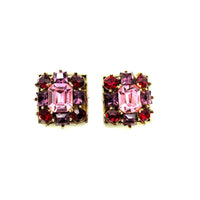 Vintage Pink & Red Rhinestone Square Clip-On Earrings - 24 Wishes Vintage Jewelry