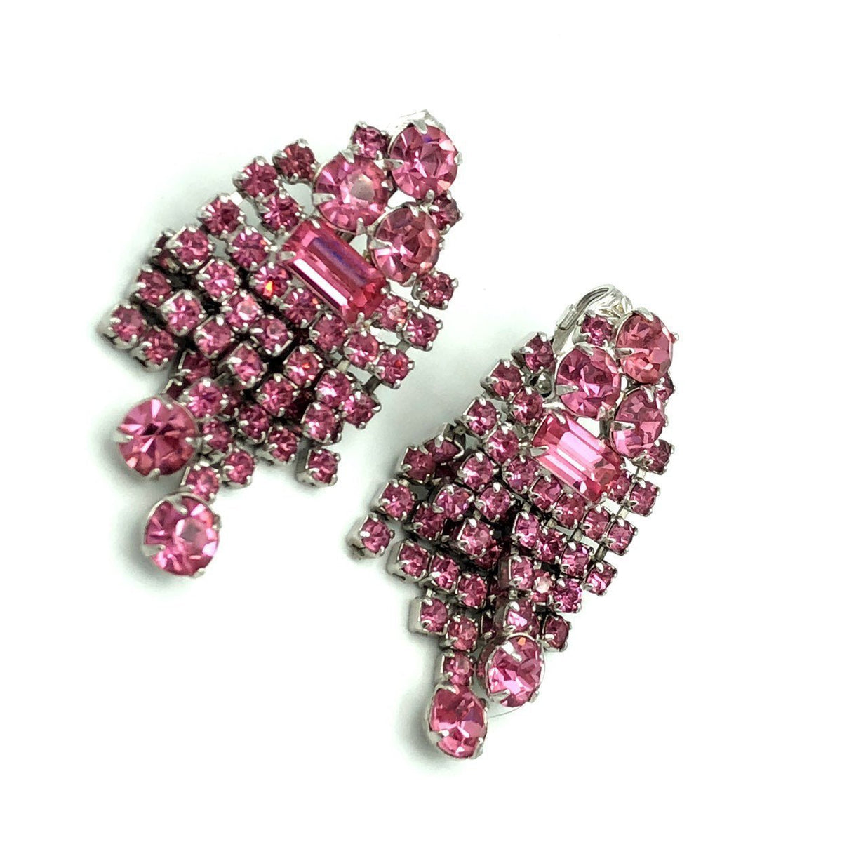 Vintage Pink Rhinestone Chandelier Waterfall Clip-On Earrings - 24 Wishes Vintage Jewelry