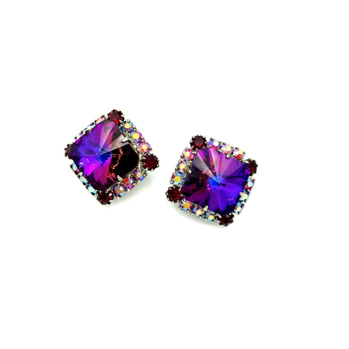 Vintage Purple Square Rivoli Earrings - 24 Wishes Vintage Jewelry