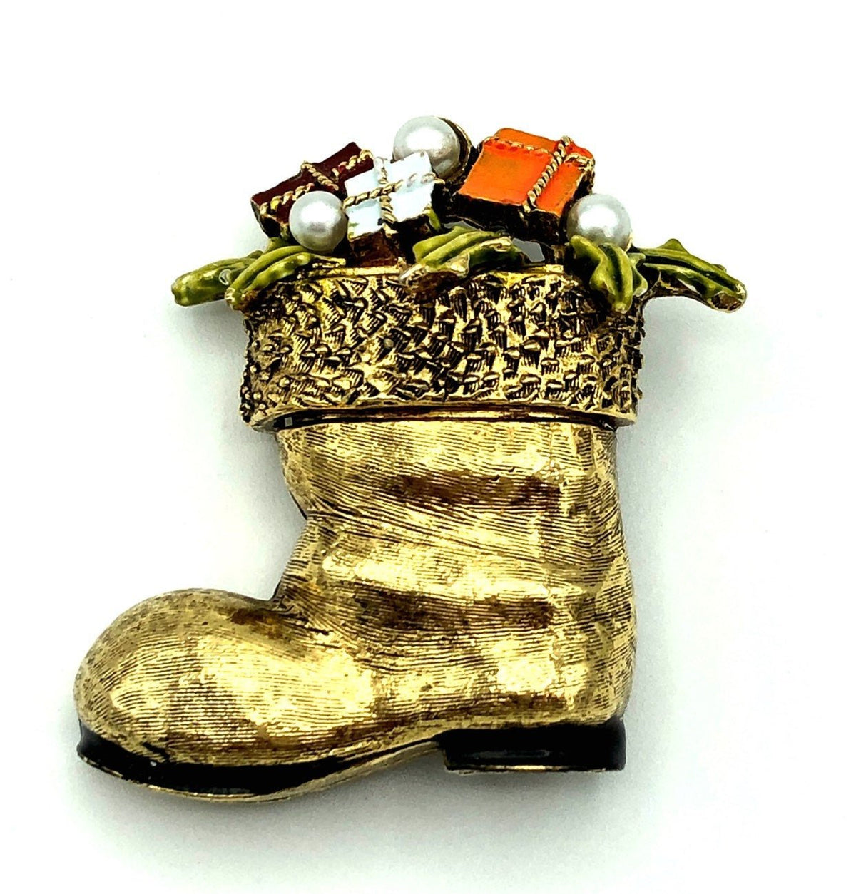 Vintage Santa Boot with Gifts Gold Enamel Signed ART - 24 Wishes Vintage Jewelry