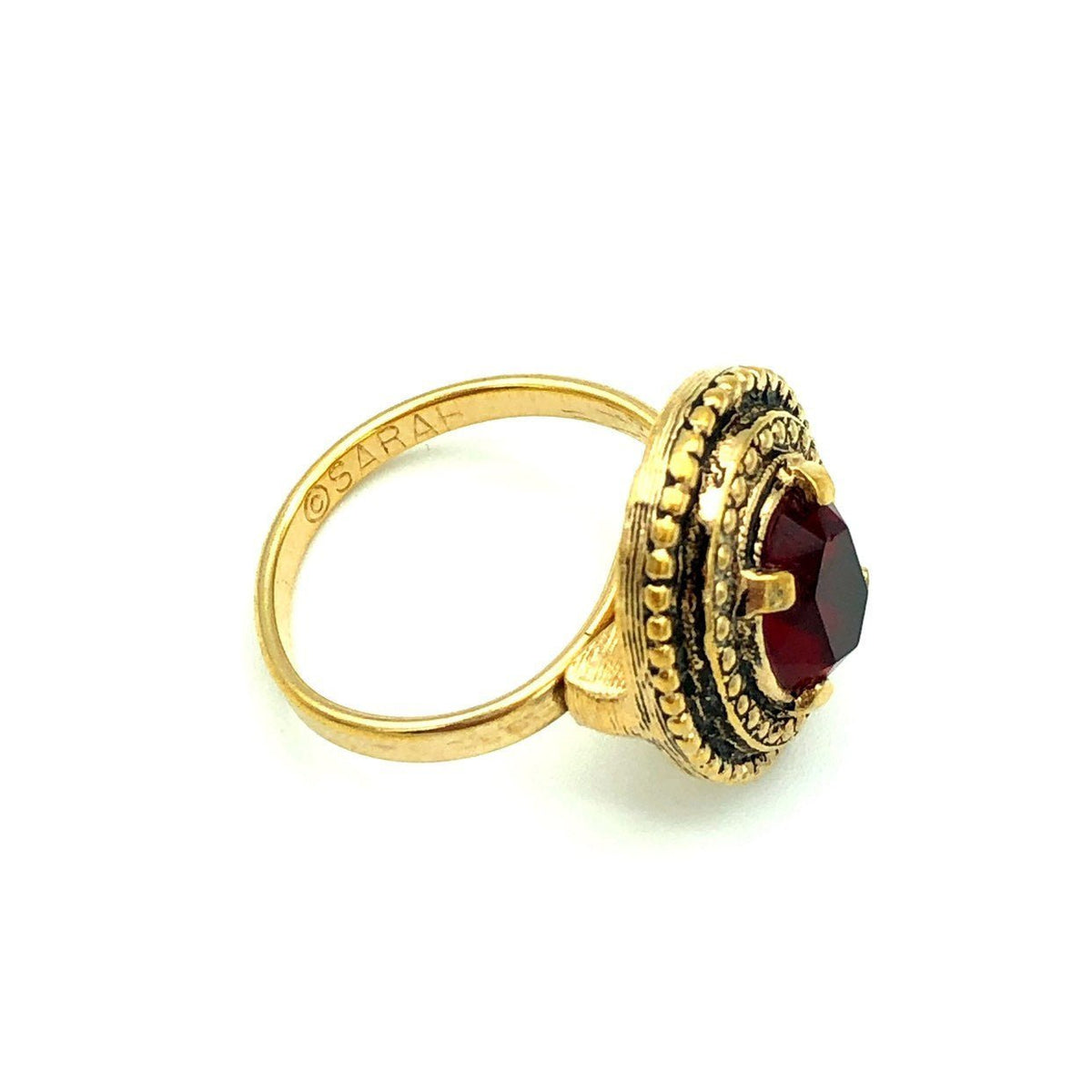 Vintage Sarah Coventry Ruby Red Victorian Inspired Cocktail Ring - 24 Wishes Vintage Jewelry