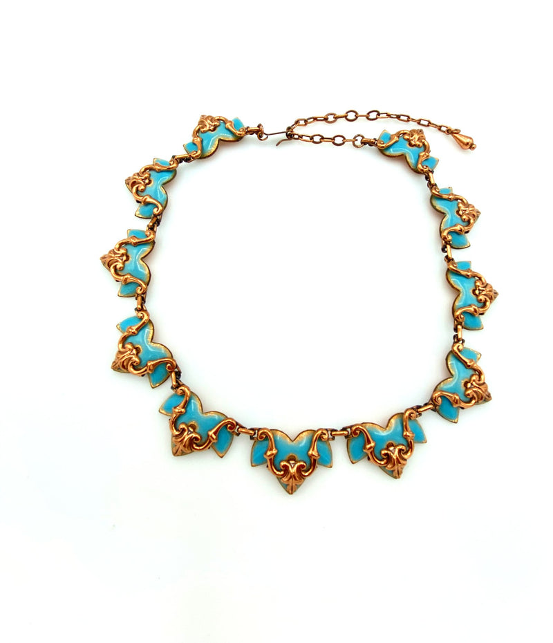 Vintage Scallop Matisse Copper Blue Enamel Necklace - 24 Wishes Vintage Jewelry