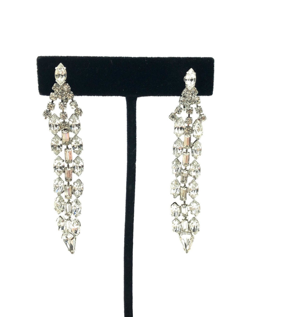 Vintage Silver Long Dangle Rhinestone Earrings - 24 Wishes Vintage Jewelry