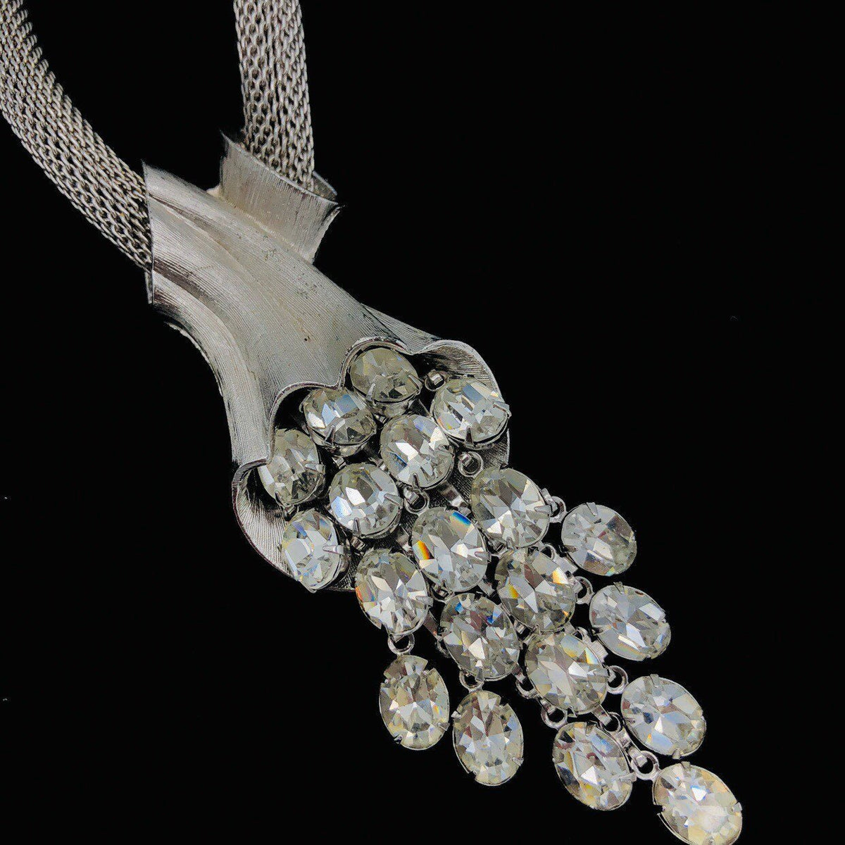 Vintage Silver Mesh Rhinestone Waterfall Jewelry Set - 24 Wishes Vintage Jewelry