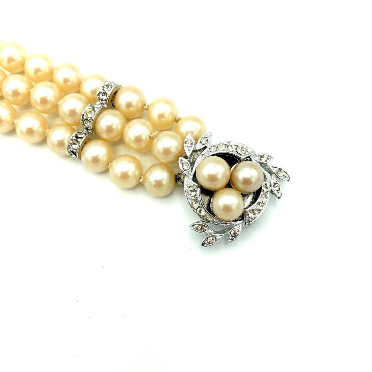 Vintage Three Row Pearl & Rhinestone Vintage Bracelet - 24 Wishes Vintage Jewelry