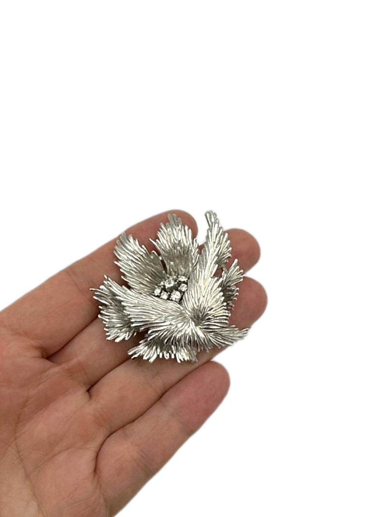 Vintage Trifari Classic Silver Texture Floral Rhinestone Brooch - 24 Wishes Vintage Jewelry
