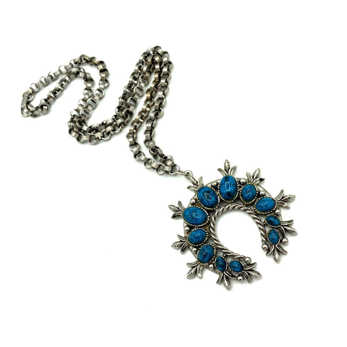 Vintage Turquoise Blue Squash Blossom Pendant - 24 Wishes Vintage Jewelry
