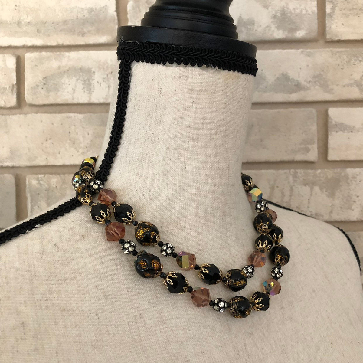 Vintage Vendome Black Crystal Bead Layered Necklace - 24 Wishes Vintage Jewelry