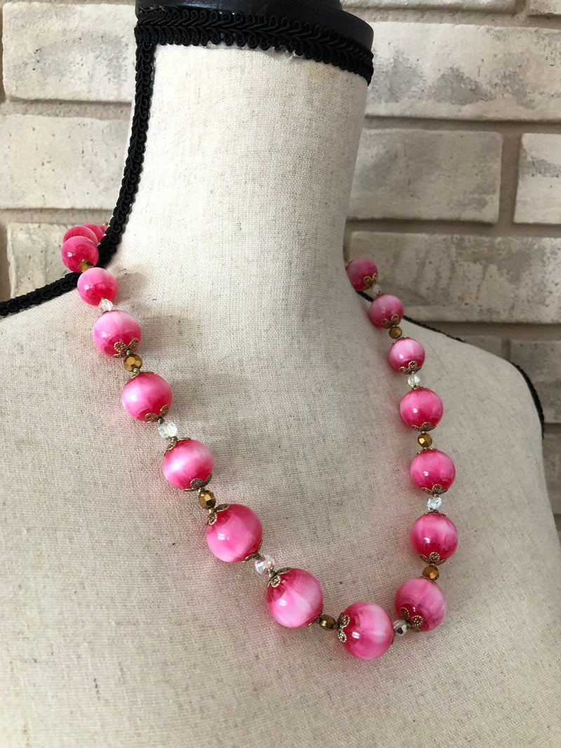 Vintage Vendome Pink Lucite Crystal Bead Necklace - 24 Wishes Vintage Jewelry