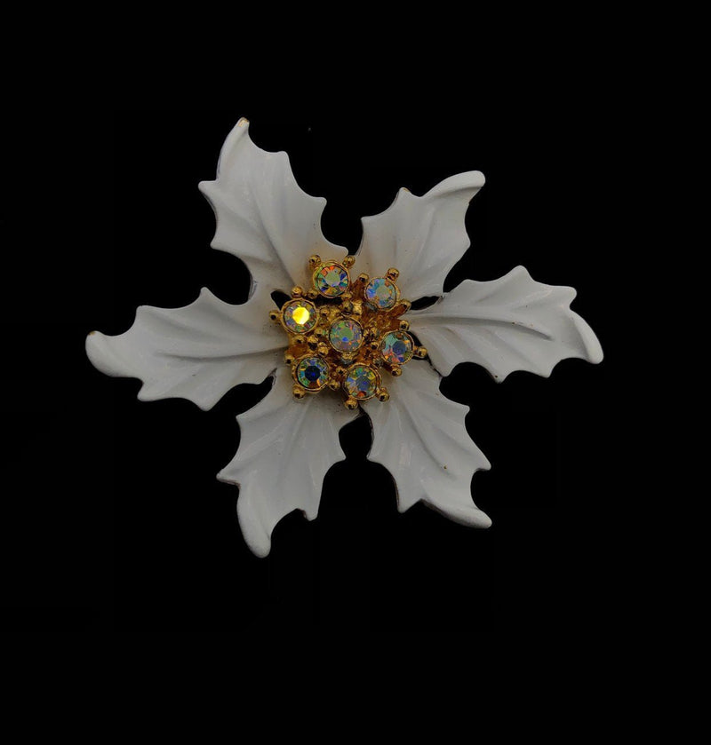 Vintage White Enamel Poinsettia Holly Brooch - 24 Wishes Vintage Jewelry