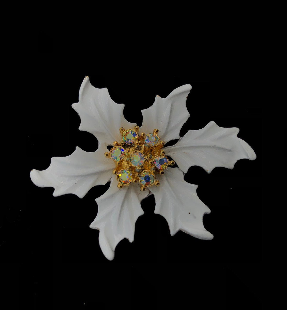 Vintage White Enamel Poinsettia Holly Brooch - 24 Wishes Vintage Jewelry