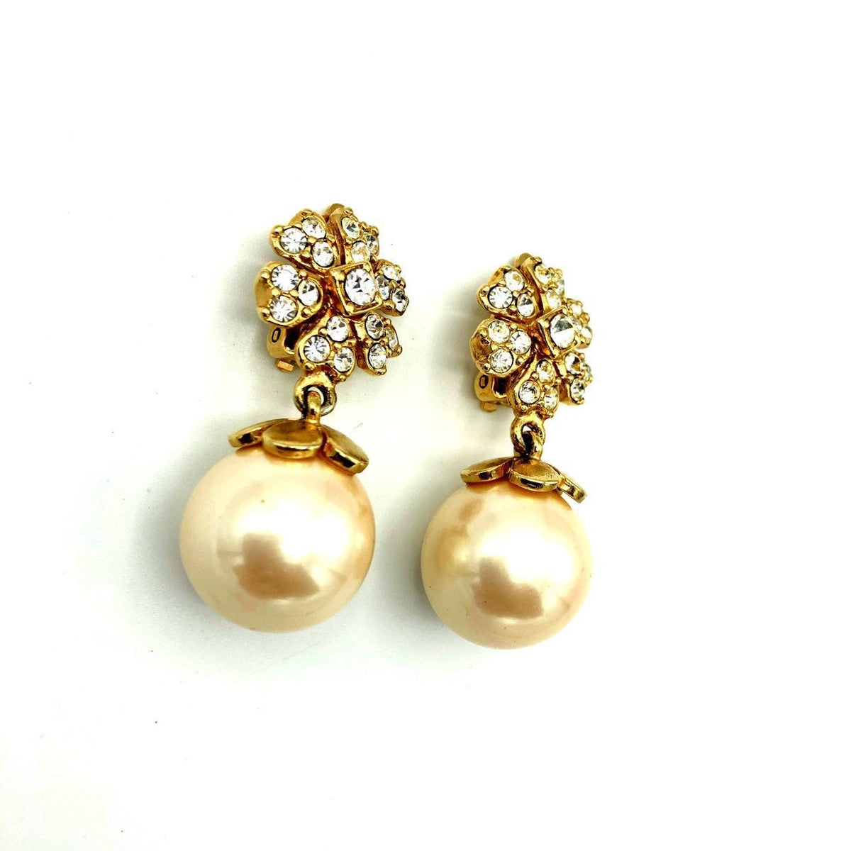 Vintage White Pearl Drop Rhinestone Flower Earrings - 24 Wishes Vintage Jewelry