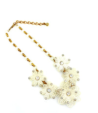 Vintage White Plastic & Rhinestone Flower Necklace - 24 Wishes Vintage Jewelry