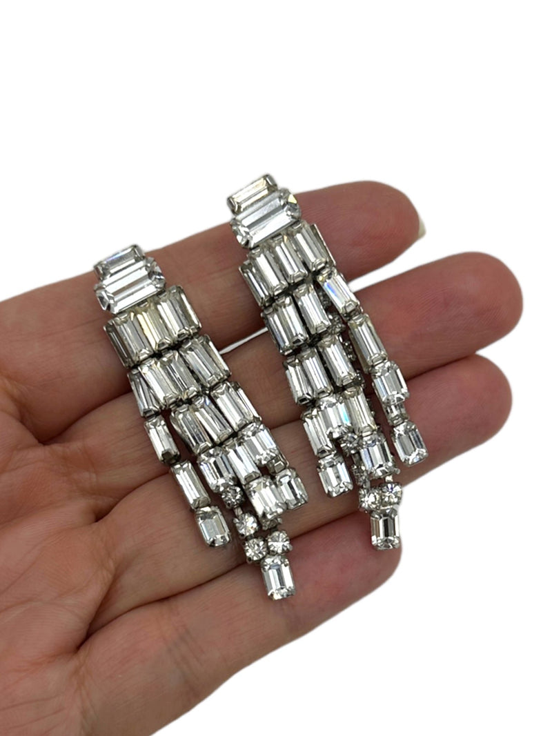 Weiss Waterfall Diamante Rhinestone Clip-on Statement Earrings - 24 Wishes Vintage Jewelry