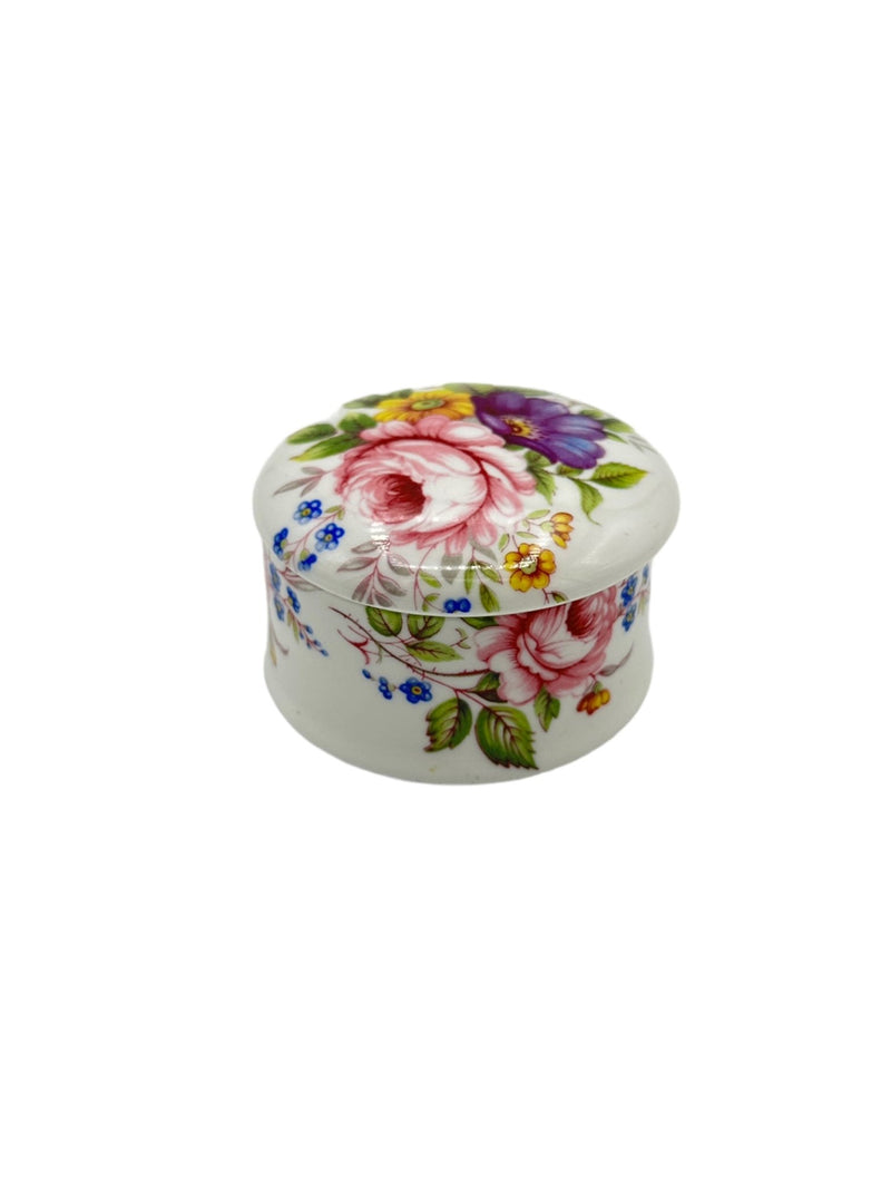 White Bone China Round Floral Trinket Box Made in England - 24 Wishes Vintage Jewelry